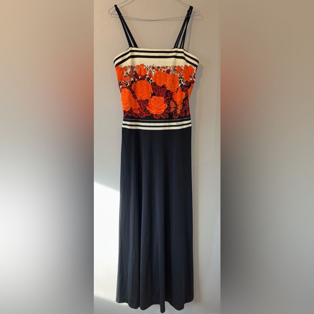 Vintage 1960s Alfred Shaheen Polyester Floral Maxi Dress Orange Black Red Sz 12